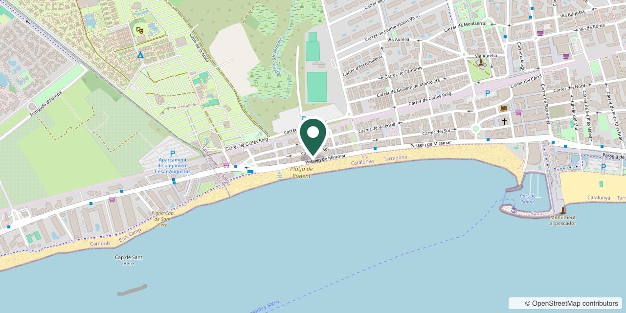 Mapa de la ubicación de Farmàcia Arqué en el Passeig de Miramar 72, en la Platja de Ponent de Salou